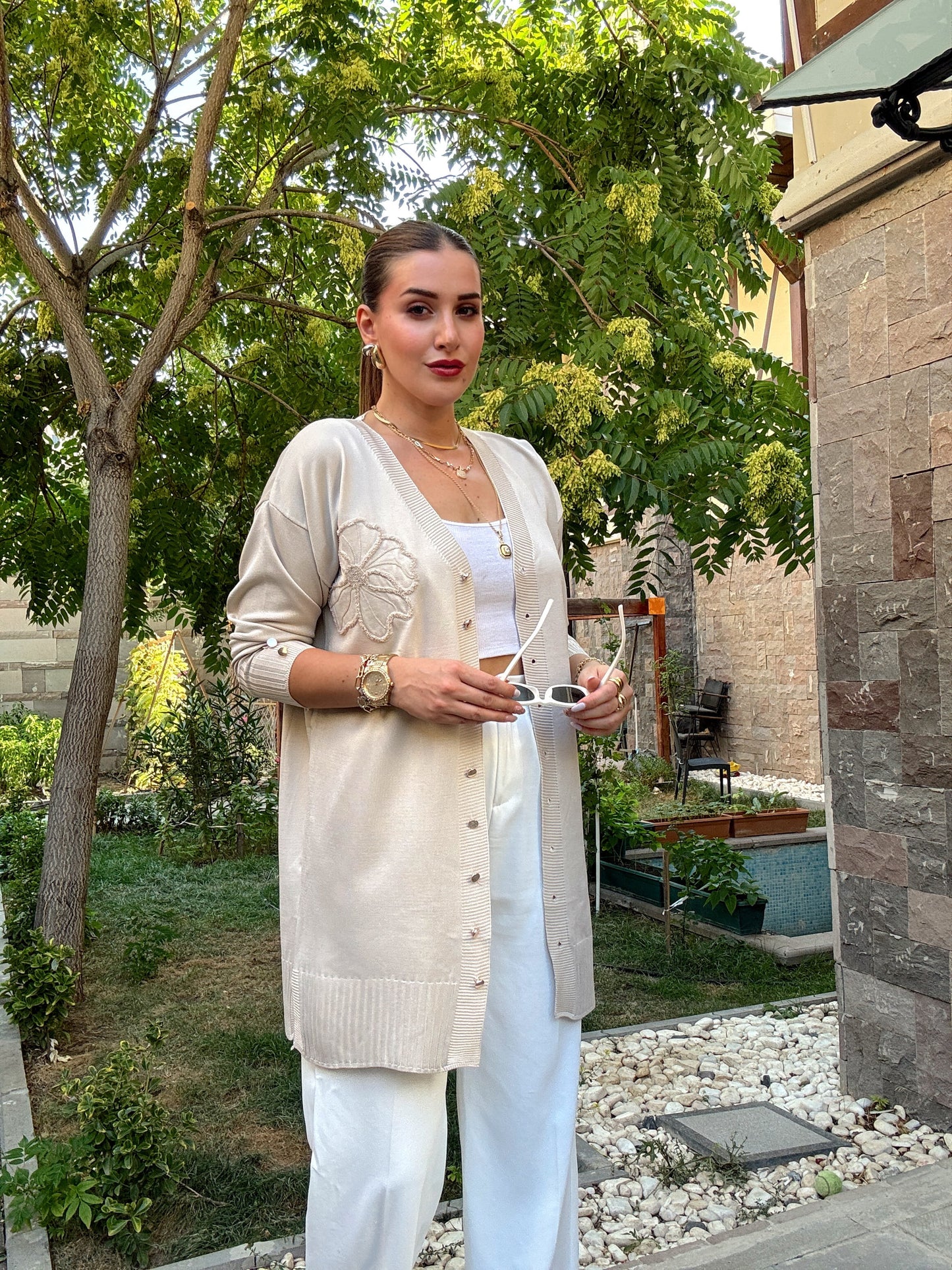Symbol Çiçek desenli düğmeli hırka Taş