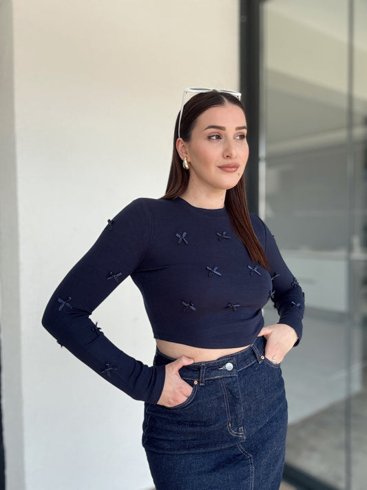 Fiyonklu Crop Bluz LACİVERT