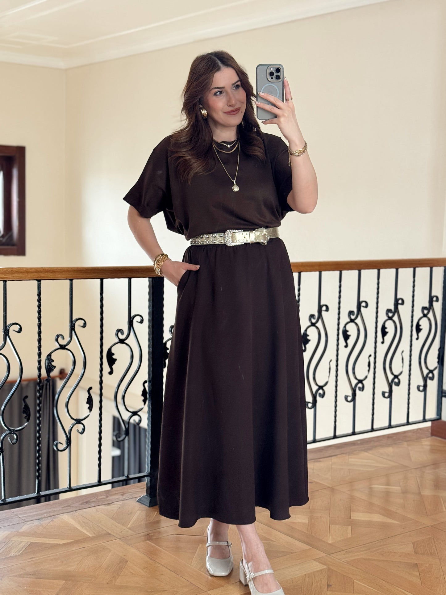 Double Yanı Cepli Etek-KAHVERENGİ