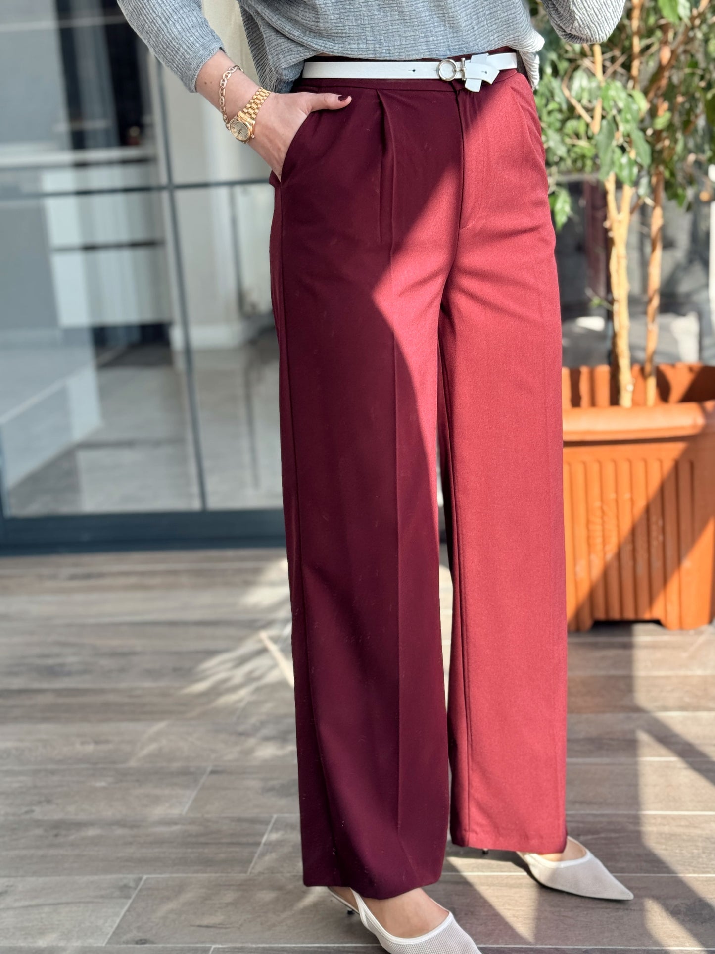 Toledo Beli Lastikli Bol Paça Pantolon - BORDO