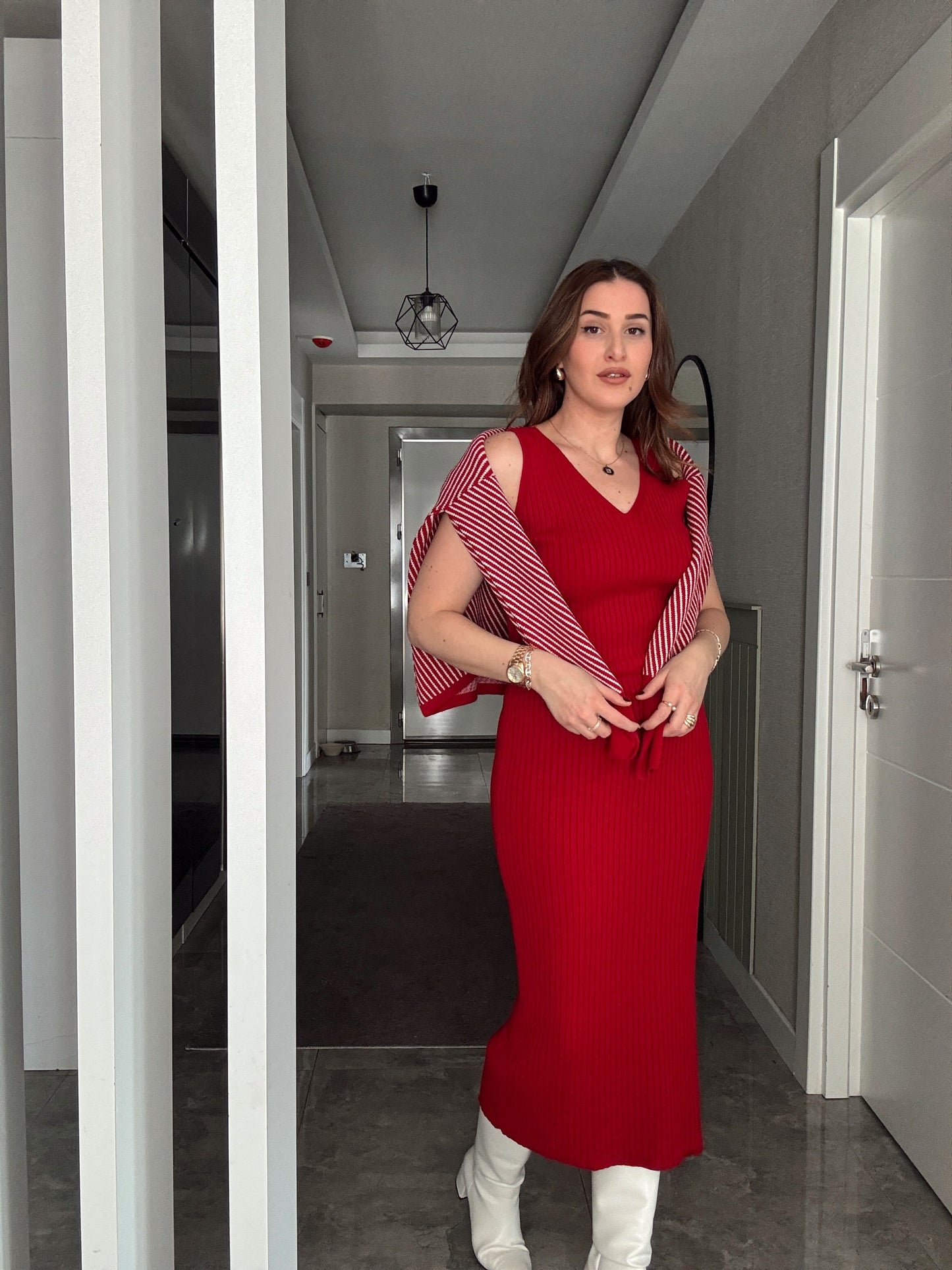 Yatay Çizgili Pikeli Jileli Takım - KIRMIZI