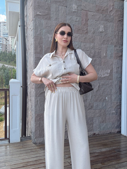 Kuşak detaylı İkili Takım Bej