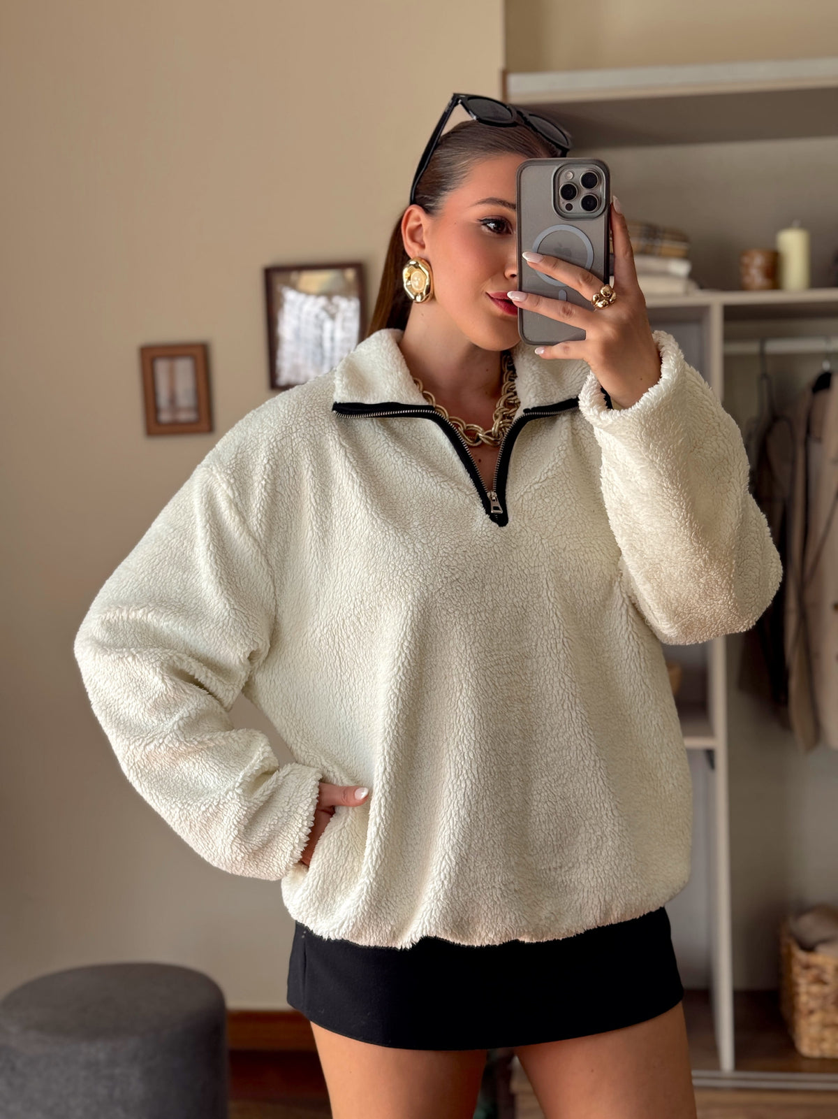 Fermuarlı Polat sweatshirt Beyaz