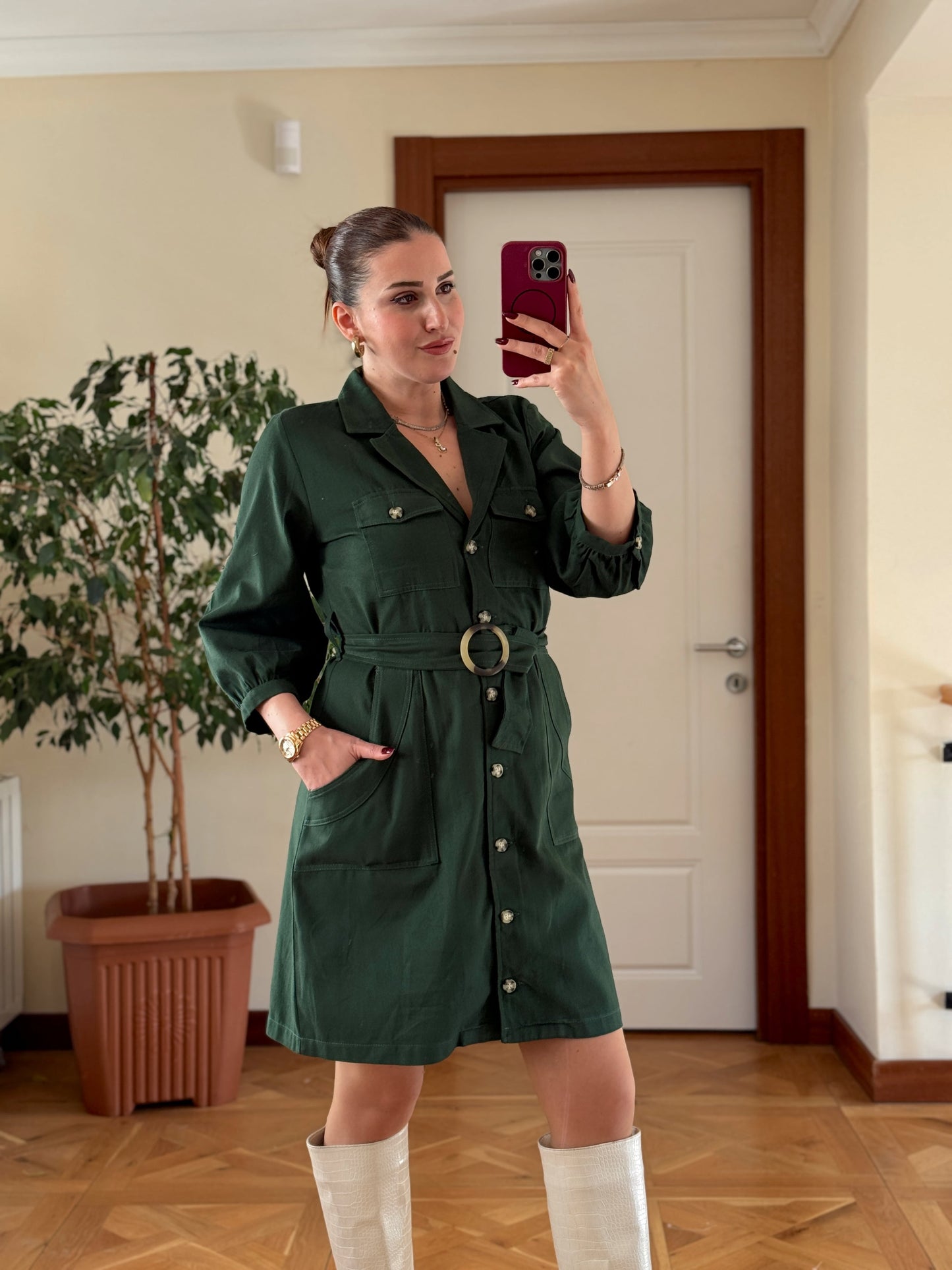 Kruvaze yaka cepli full düğme elbise-YEŞİL