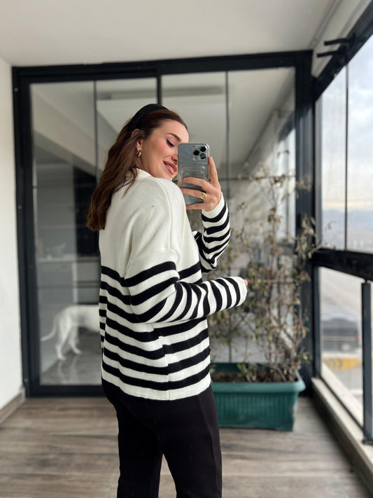 Çizgili Kısa Polo Yaka Triko Kazak KLS4028 EKRU