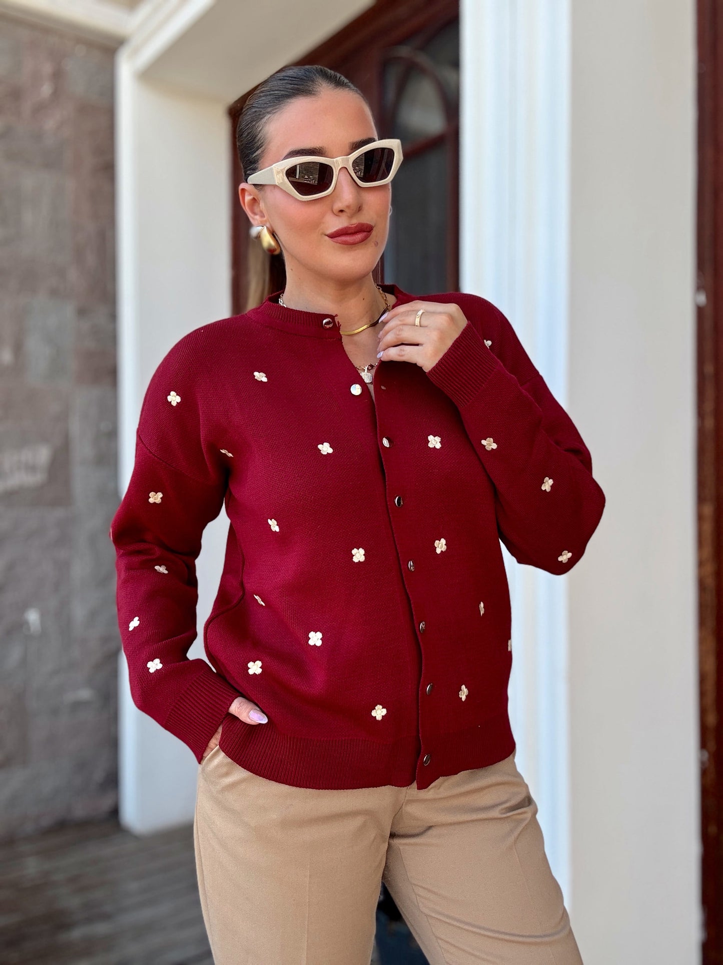 Minik çiçek desenli düğmeli hurma Bordo