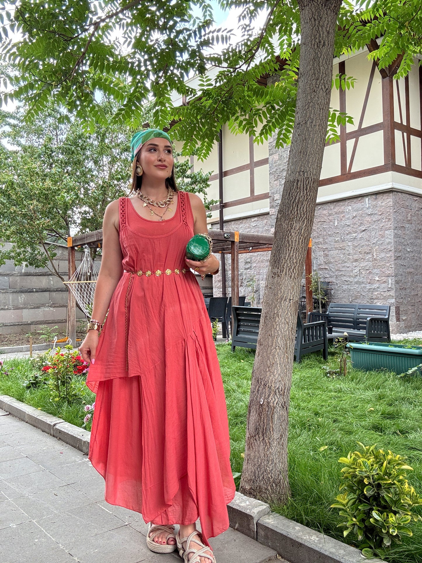 Askı Halka işlemeli Uzun Elbise nar çiçeği