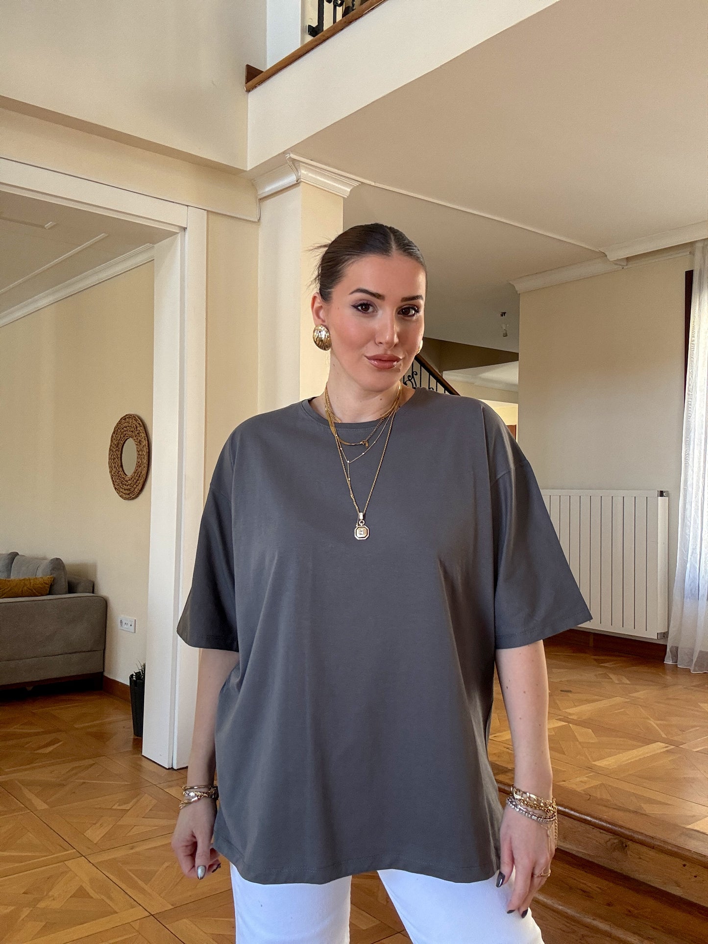 Oversize Tişört Koyu Gri