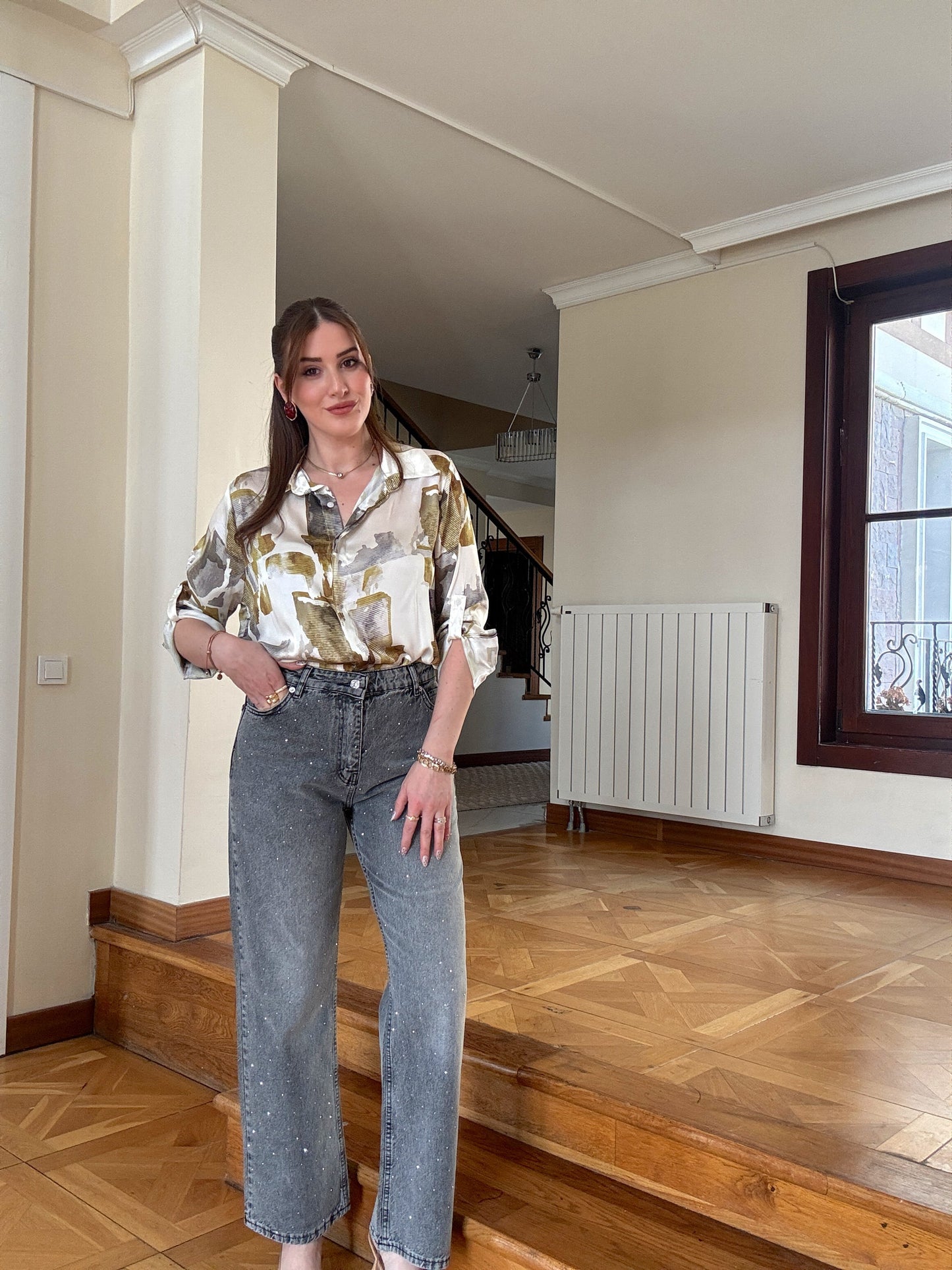 Taşlı Palazzo Jean Pantolon Gri