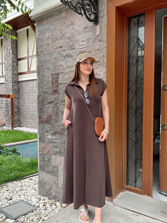 Polo yaka yıkamalı modal kumaş salaş elbise KAHVERENGİ