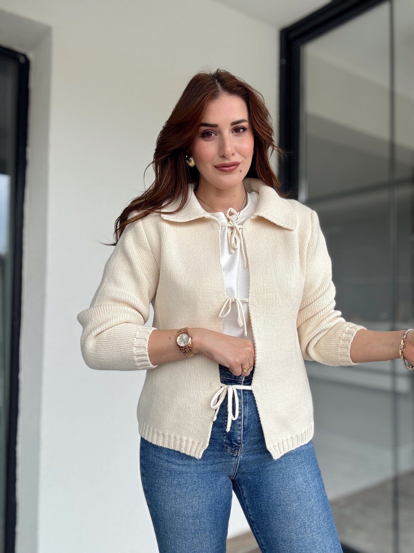 Bağcıklı triko ceket-LATTE