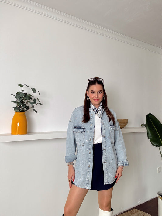 Damla Taşlı Jean Ceket Mavi
