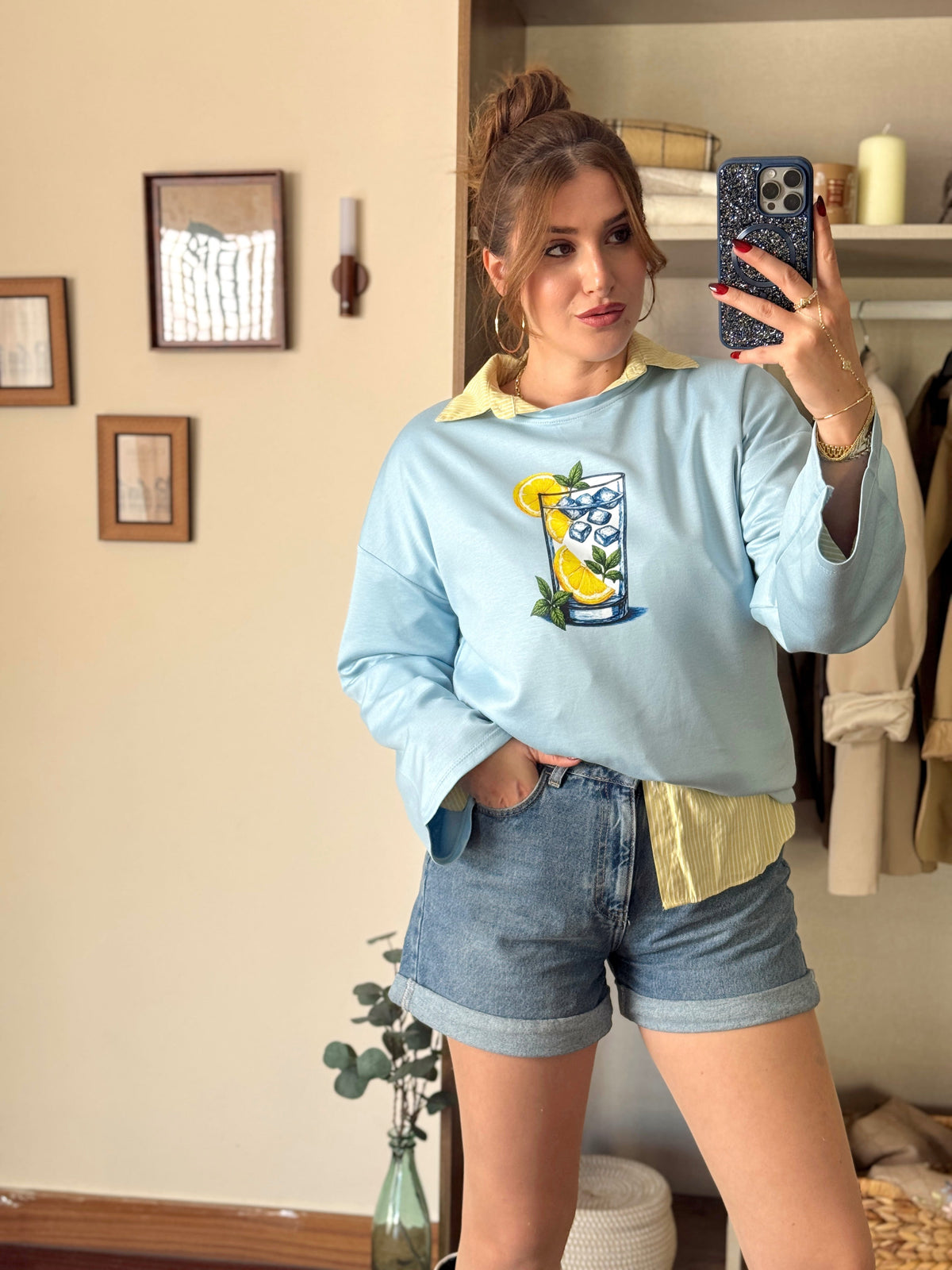 Limon buzlu bardak baskılı oversize modal sweat Mavi
