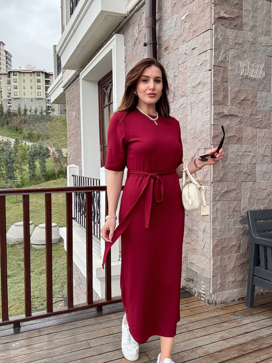 Kemerli bisiklet yaka modal kumaş elbise BORDO
