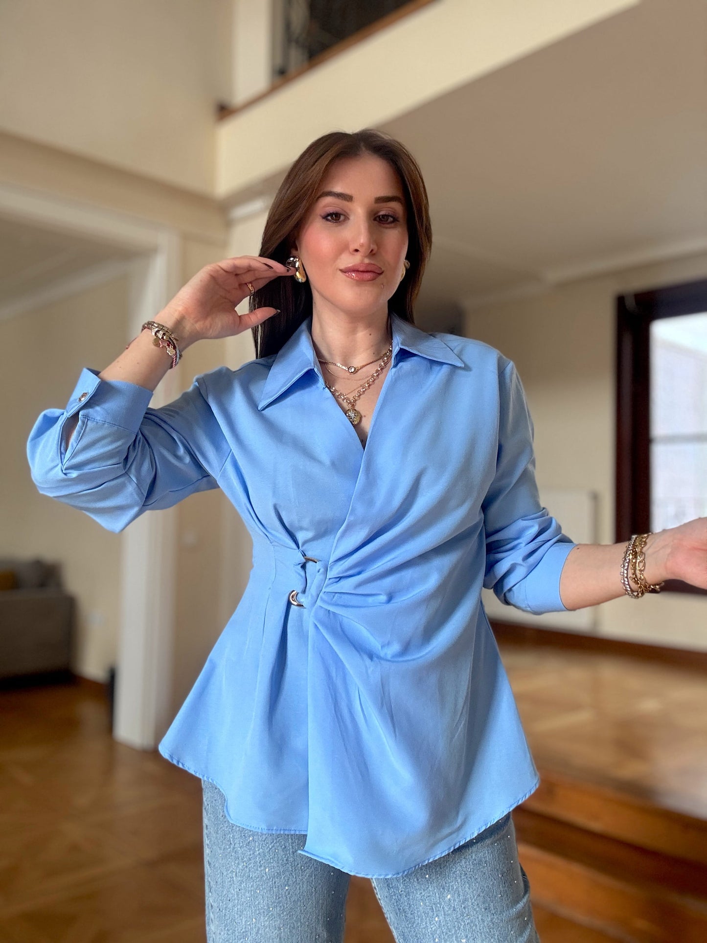 Önü tokalı gömlek-Mavi