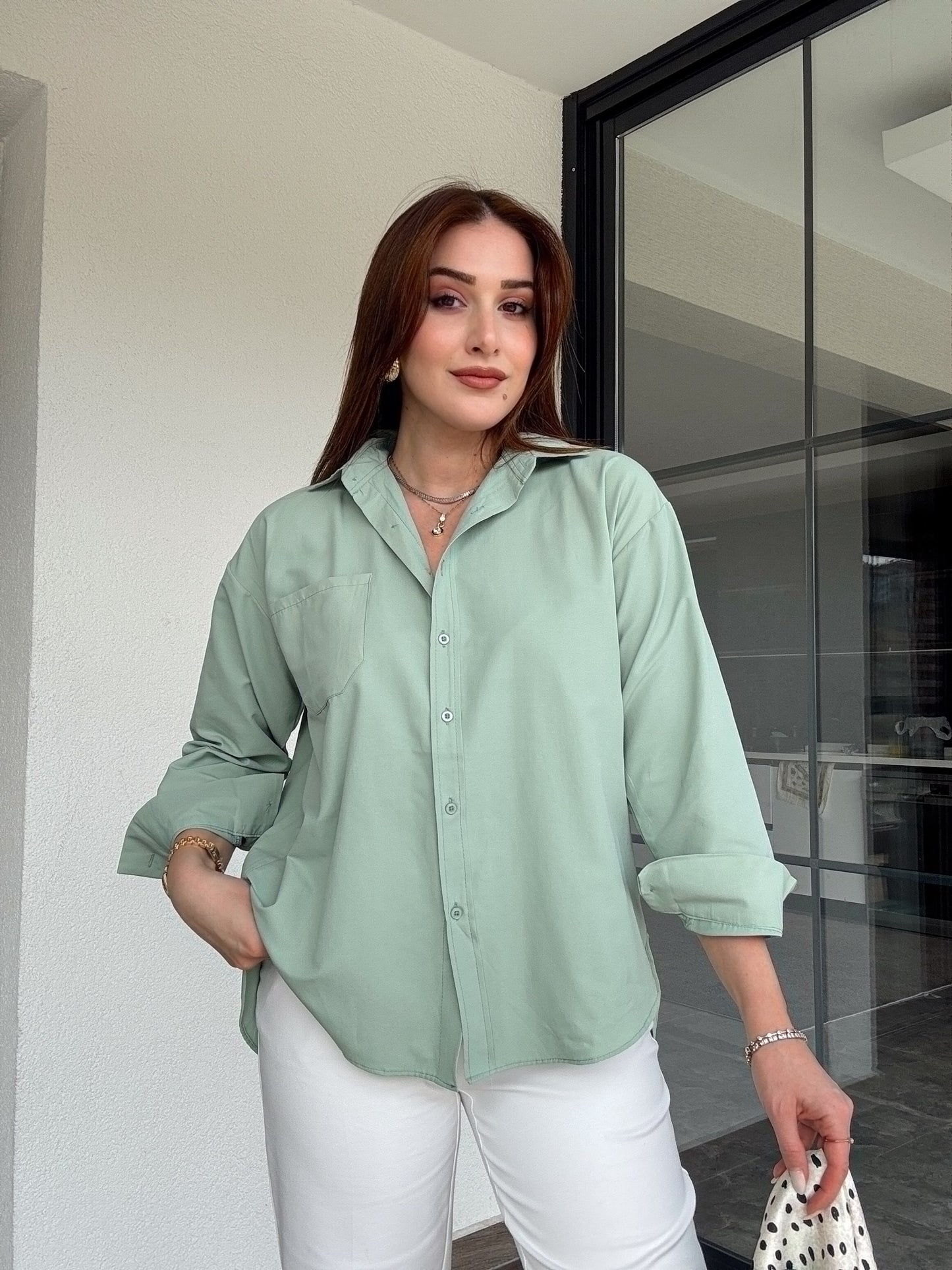 Uzun kol basic gömlek-MİNT YEŞİLİ