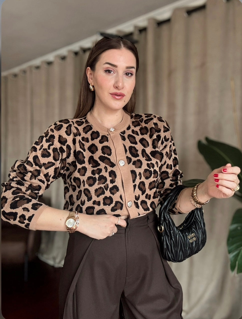 Düğmeli Leopar Hırka - KAHVERENGİ