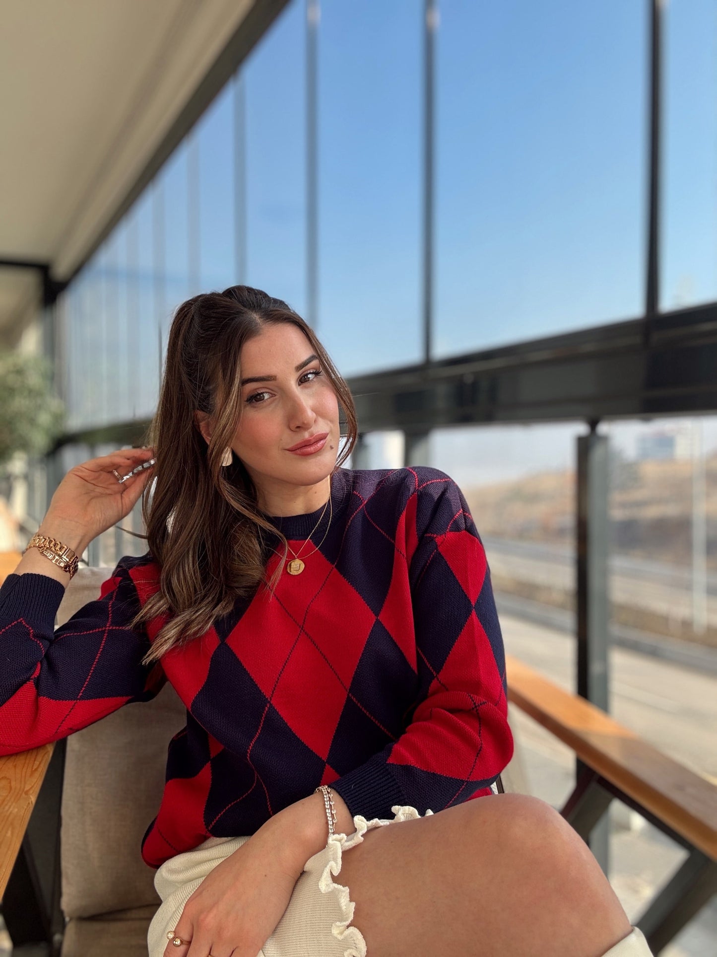 Pike Örgü Baklava Desenli Kazak KIRMIZI