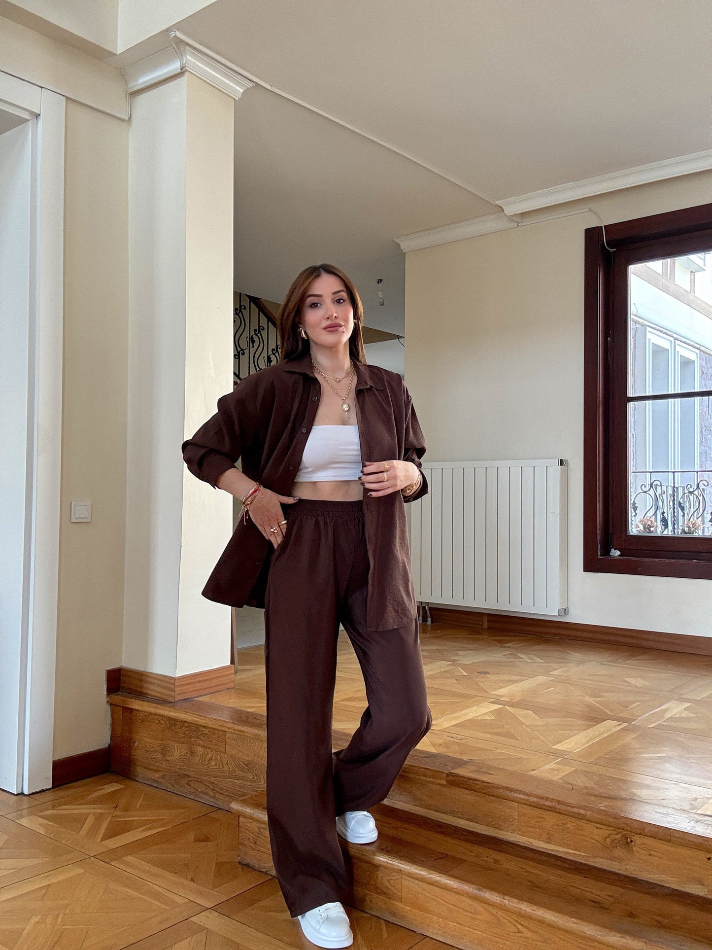 Parlak ikili takım kahverengi