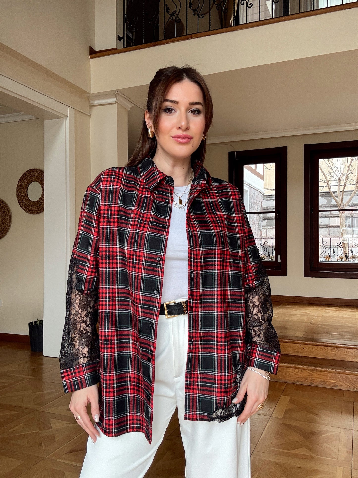 Tüllü Ekose Desen Gömlek-KIRMIZI