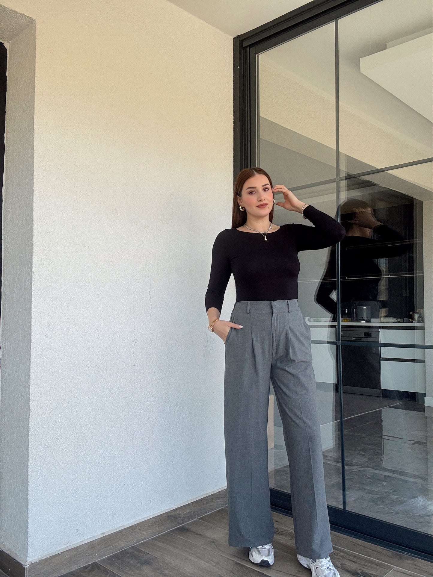 Çıtçıt detaylı palazzo pantolon-GRİ