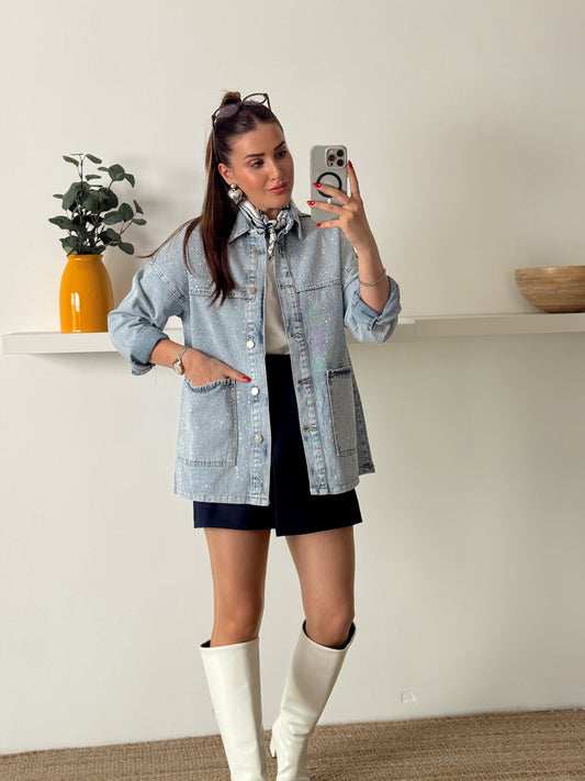 Cepli Taşlı oversize jean ceket Mavi