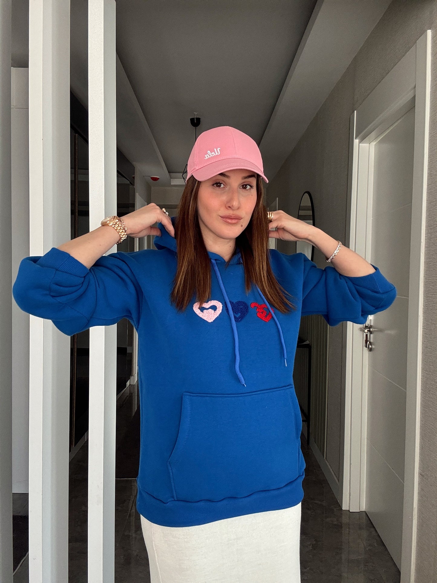 Kalp İşleme Kapüşonlu 3 İplik Sweatshirt - SAKS MAVİ