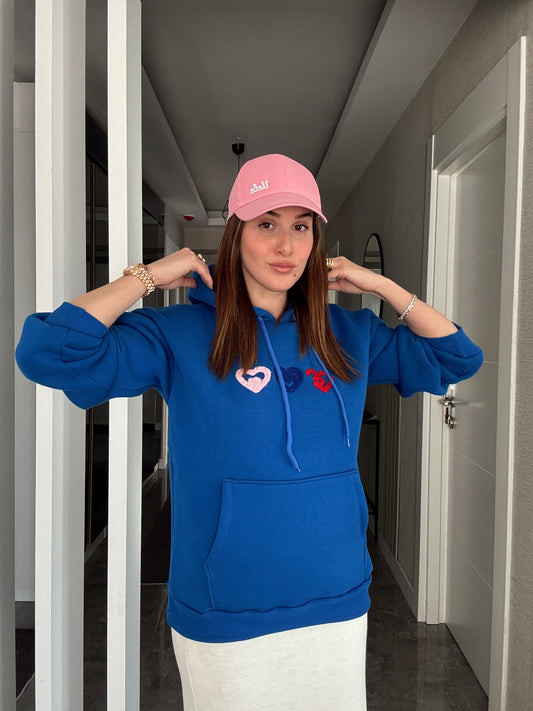 Kalp İşleme Kapüşonlu 3 İplik Sweatshirt - SAKS MAVİ