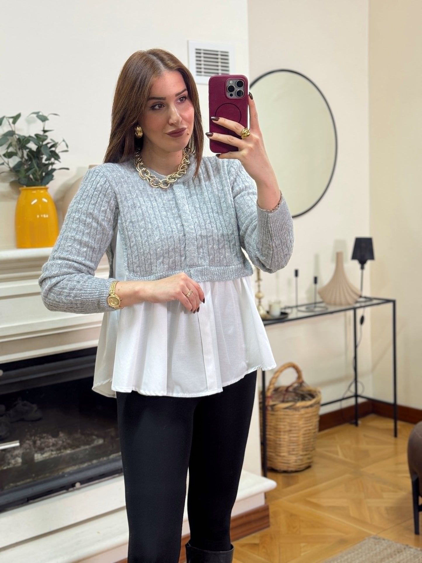 Poplin gömlek garnili triko kazak -GRİ