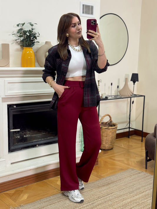 Krep kumaş cırtlı pantolon-BORDO