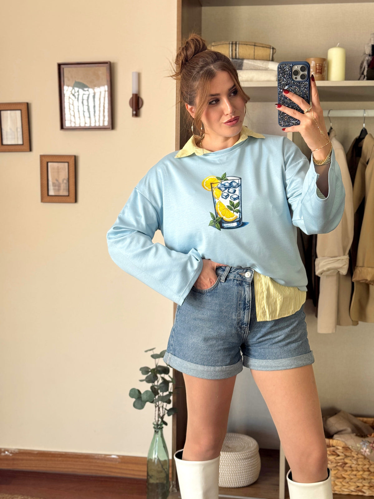 Limon buzlu bardak baskılı oversize modal sweat Mavi