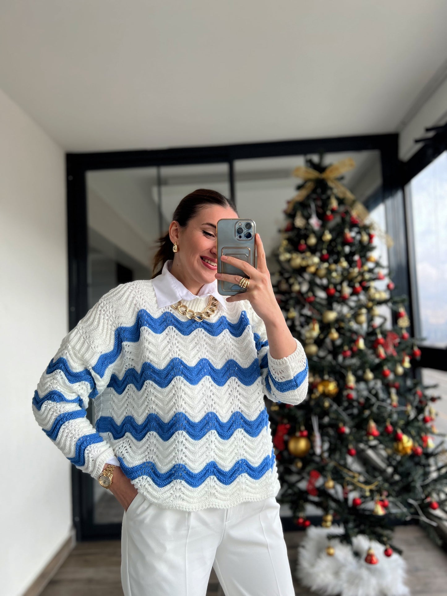 Desenli İki Renkli Triko Kazak - EKRU MAVİ