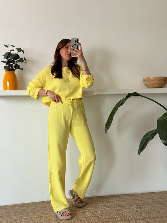 Keten uzun kol crop pantolon ikili takım SARI