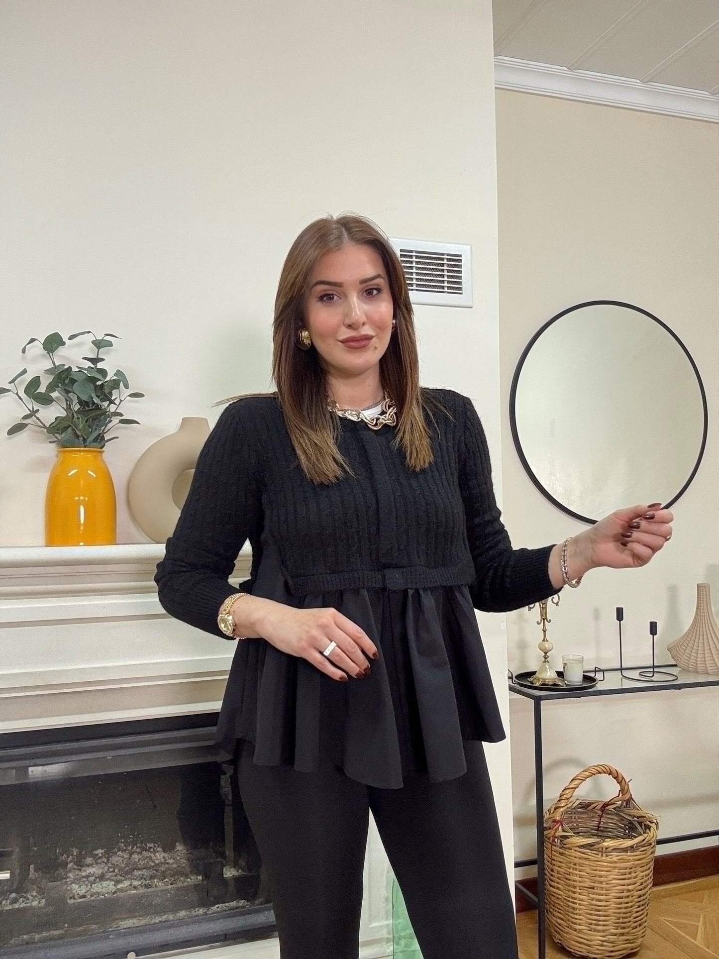 Poplin gömlek garnili triko kazak -SİYAH