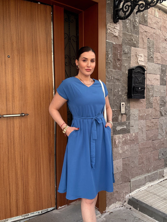 Beli kuşaklı tensel elbise İNDİGO