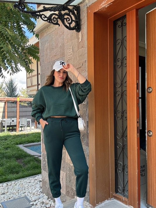 Üç İplik Şardonlu Basic Eşofman Alt - YEŞİL