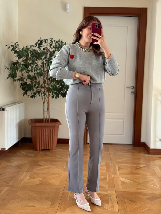 Krep kumaş çimalı pantolon-GRİ