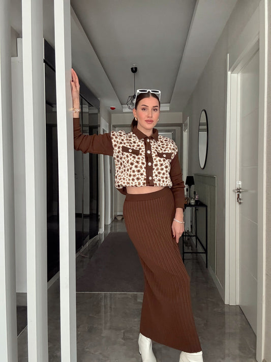 Leopar Desen Etekli Takım - KAHVERENGİ