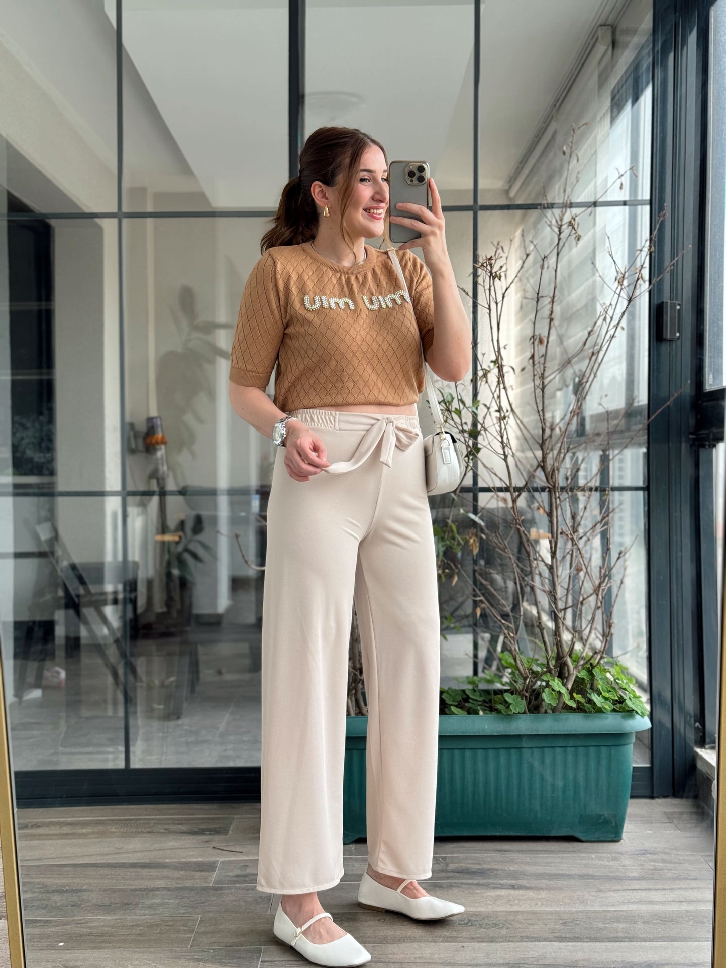 Kuşaklı Crep Kumaş Palazzo Pantolon-BEJ