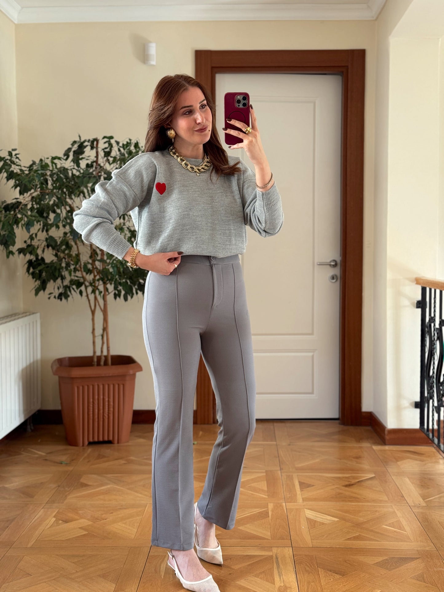 Krep kumaş çimalı pantolon-GRİ