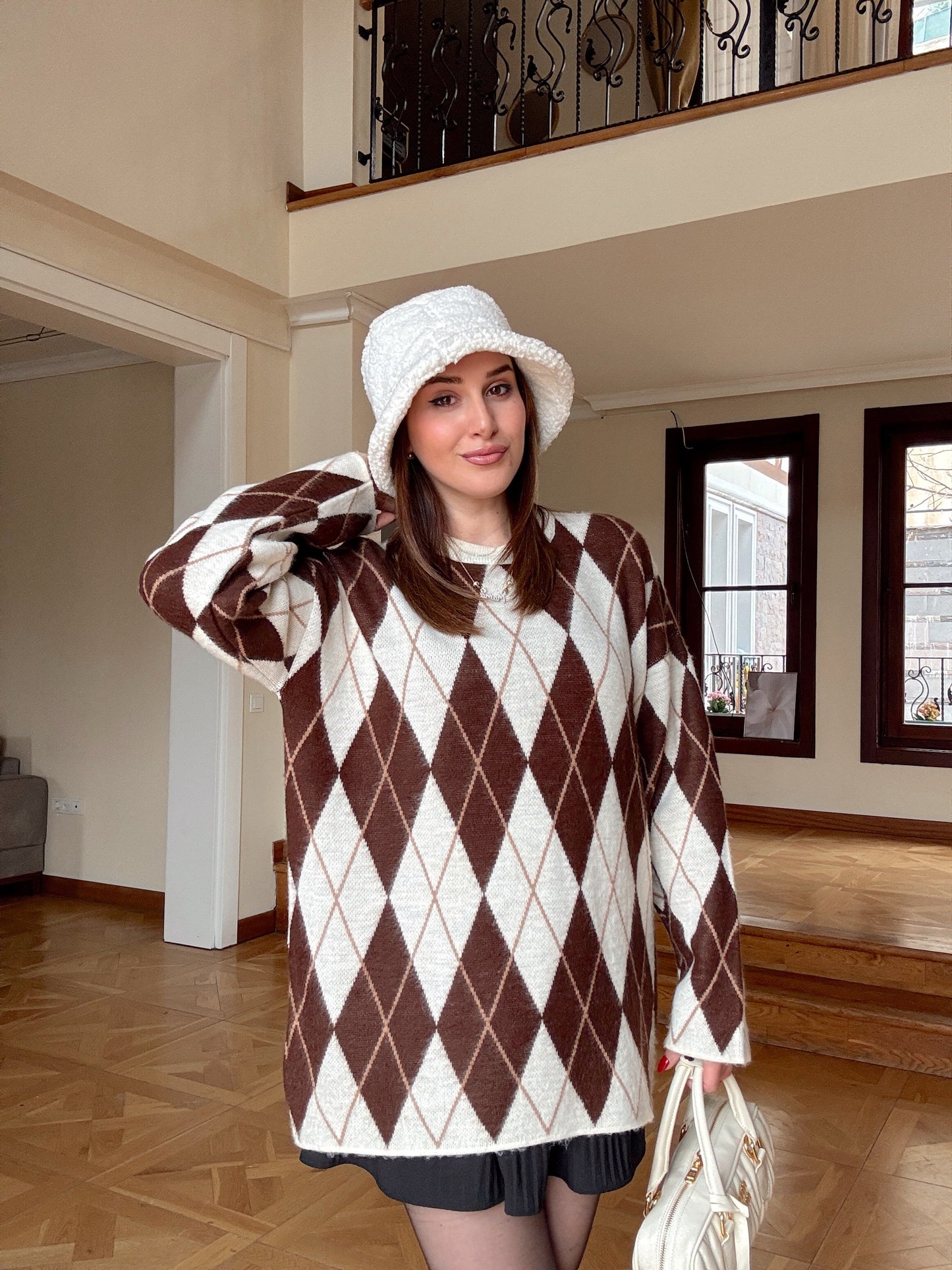 Tunik boy baklava desen kazak-KAHVERENGİ