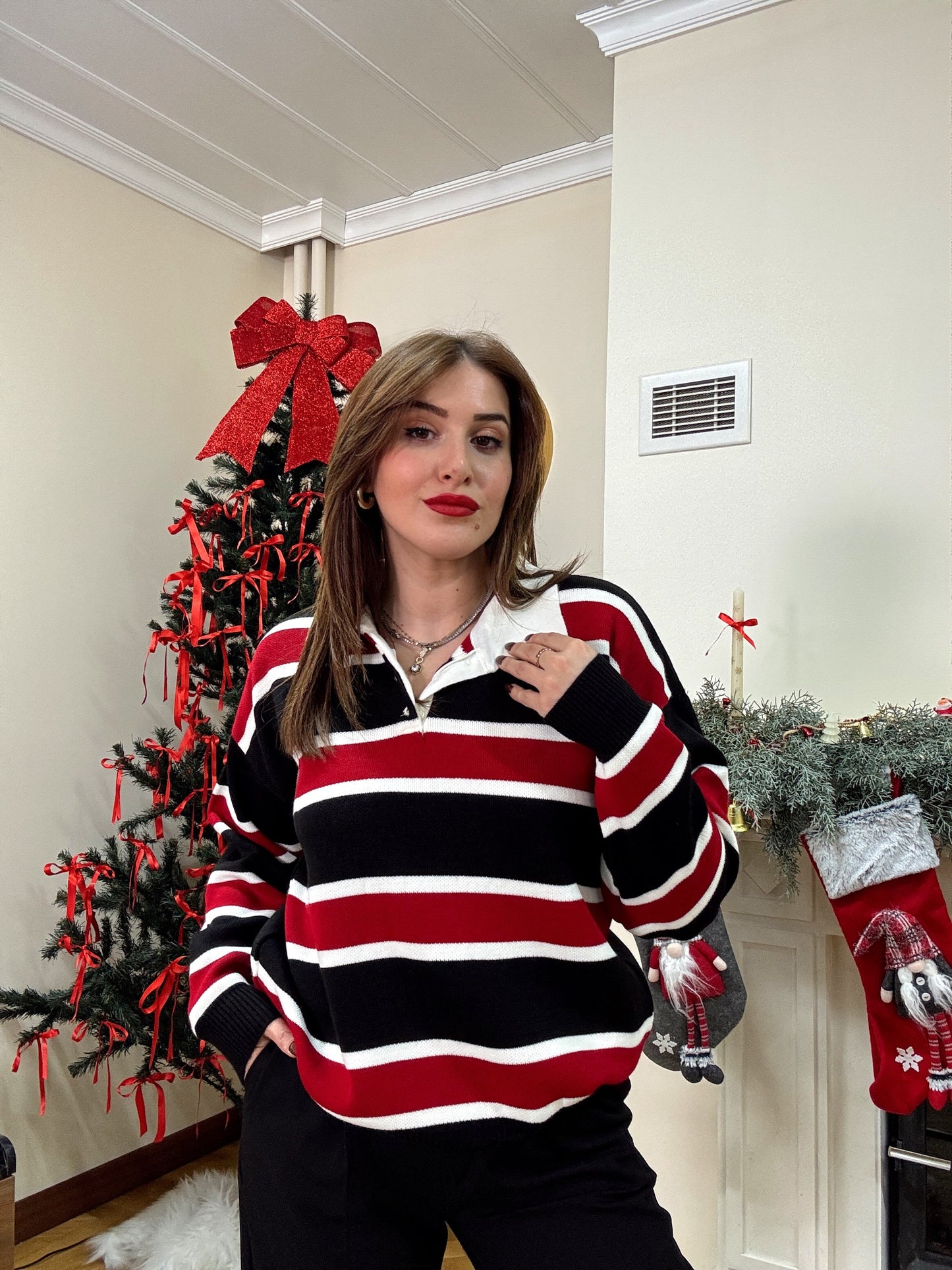 Düğmeli polo yaka triko kazak SİYAH-BORDO