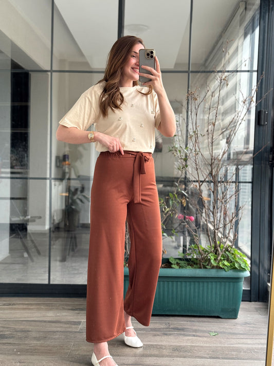 Kuşaklı Crep Kumaş Palazzo Pantolon-KAHVE