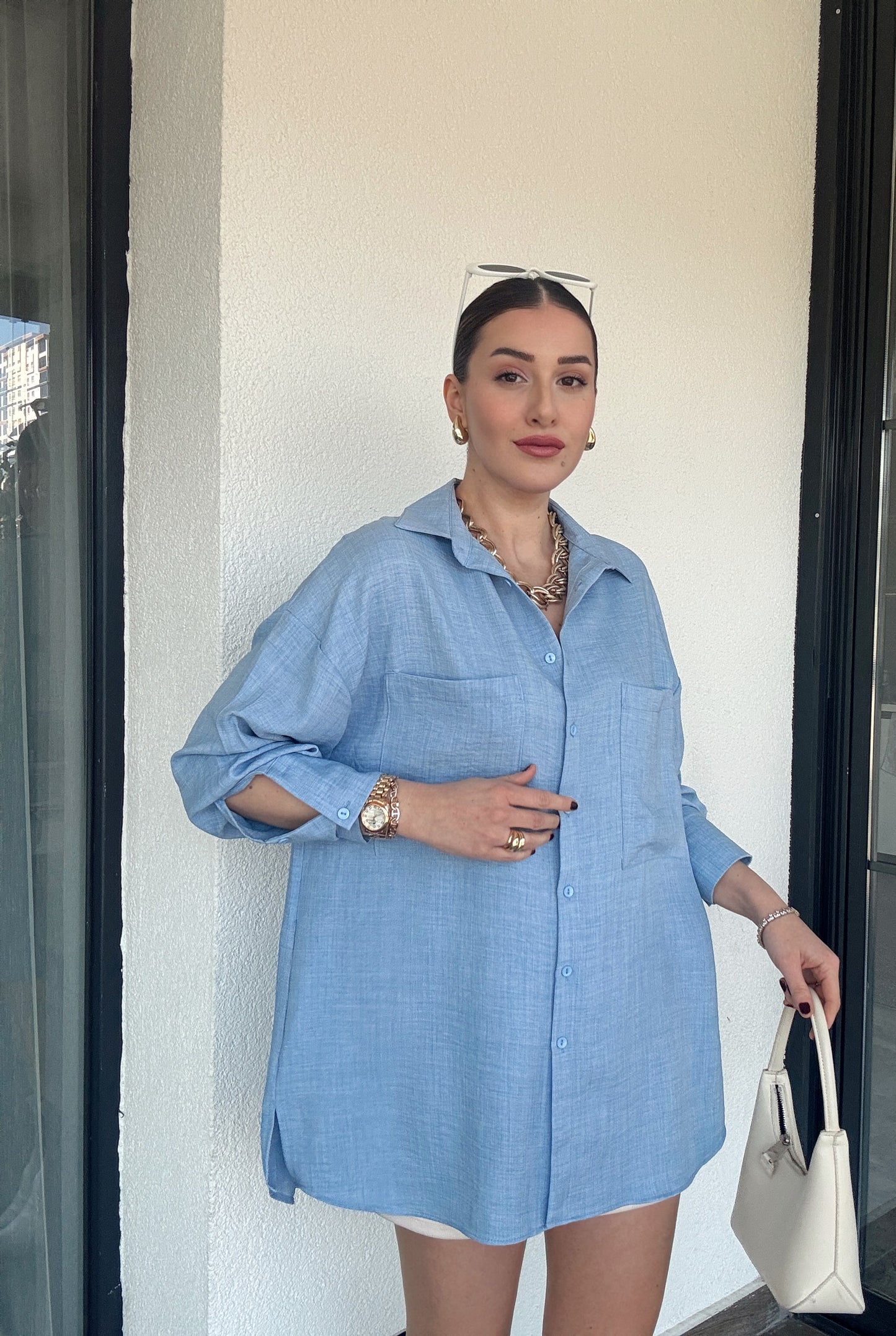 Çift Cep Double Kol Keten Gömlek BEBE MAVİ