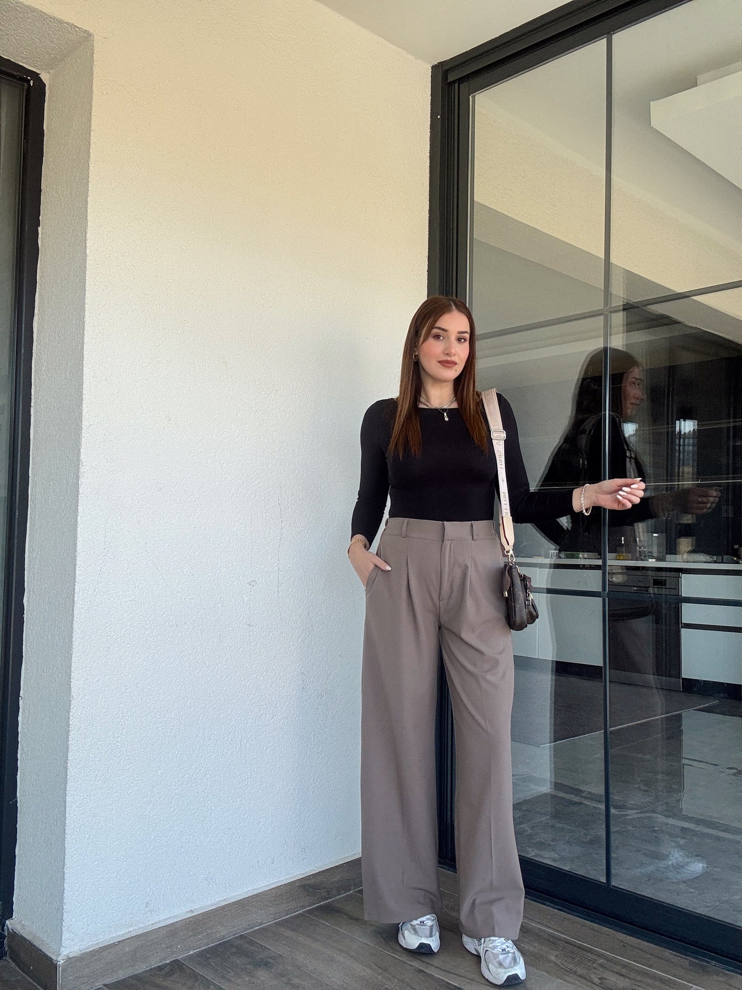 Çıtçıt detaylı palazzo pantolon-VİZON