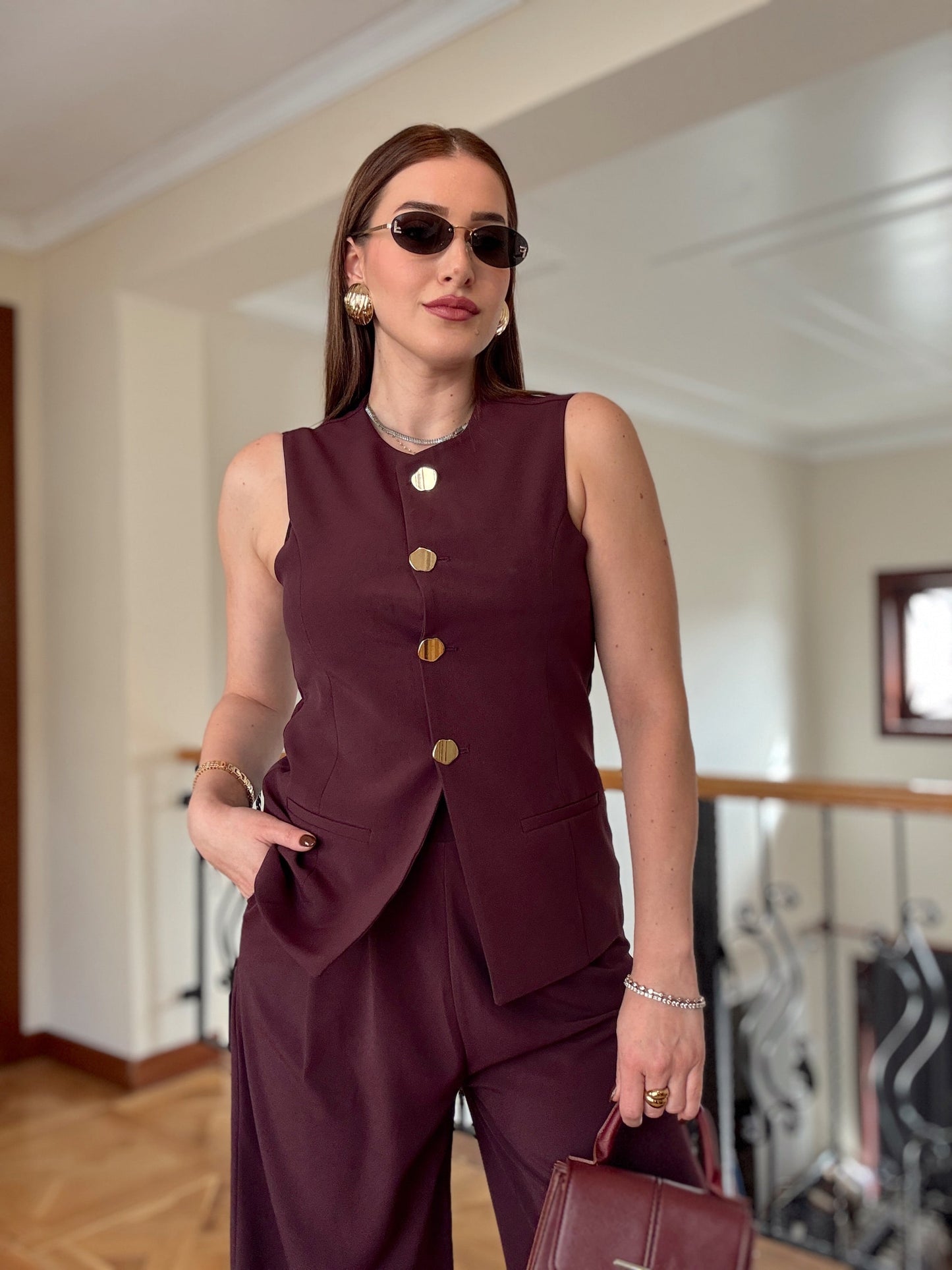 NATALİ Gold düğme ikili takım MÜRDÜM